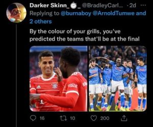 a user's comment purporting burna boy predicted teams in the final