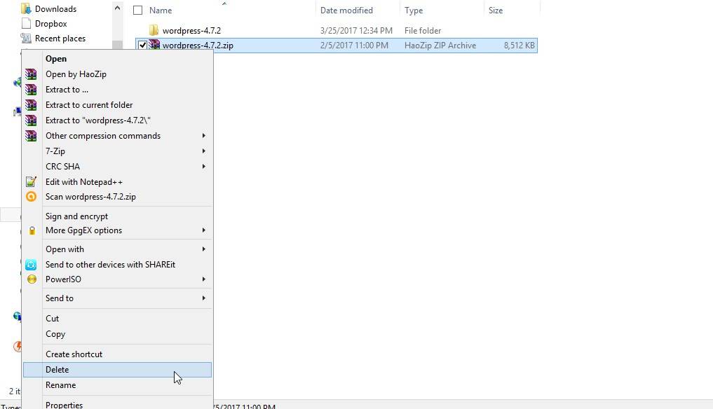 delete wordpress .zip folder
