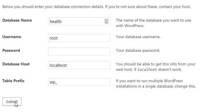 submit details to install wordpress